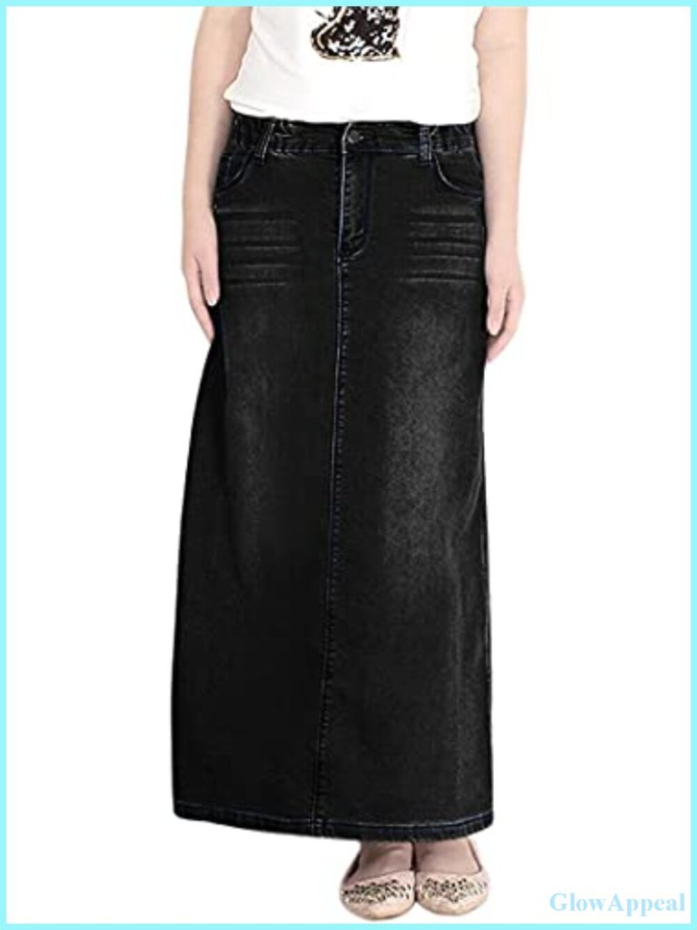 Women's Stretch Waist Washed Denim A-line Maxi Skirt 5 Pockets